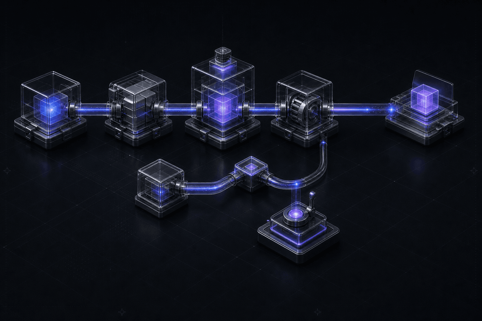 Fluxo tridimensional de automação conectando etapas, controle e resultado